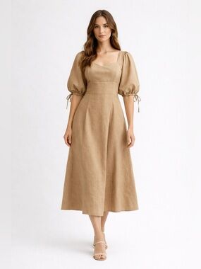 Mila Mae Tan Puff Sleeve Midi Dress Cotton Linen Square Neck Women’s Small